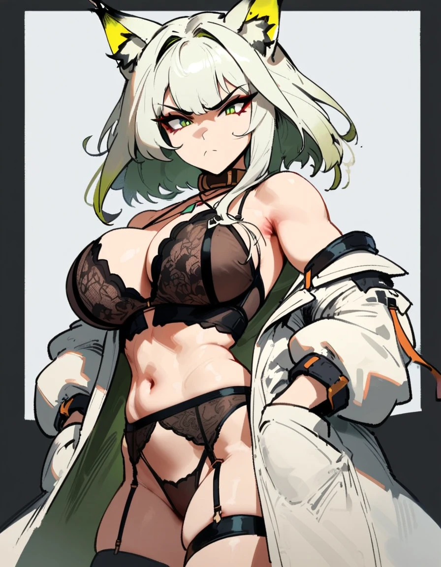 1girl, kal'tsit \(arknights\), arknights \\\\\ masterpiece, best quality, very aesthetic, absurdres, newest \\\\\\ slim body,///// ,by nyantcha,cutesexyrobutts , by khyle,,////// ,,,, , ,,detailed face, , ,, , , , , beautiful face, (white background:1.2), , sexy, , serious.angry, green eyes, animal ears, , , rating:nsfw,,big tits,), in the center of the frame,,, ,lingerie garter belt,, black openwork bra, wears a lab coat, hands in pockets stockings, solo