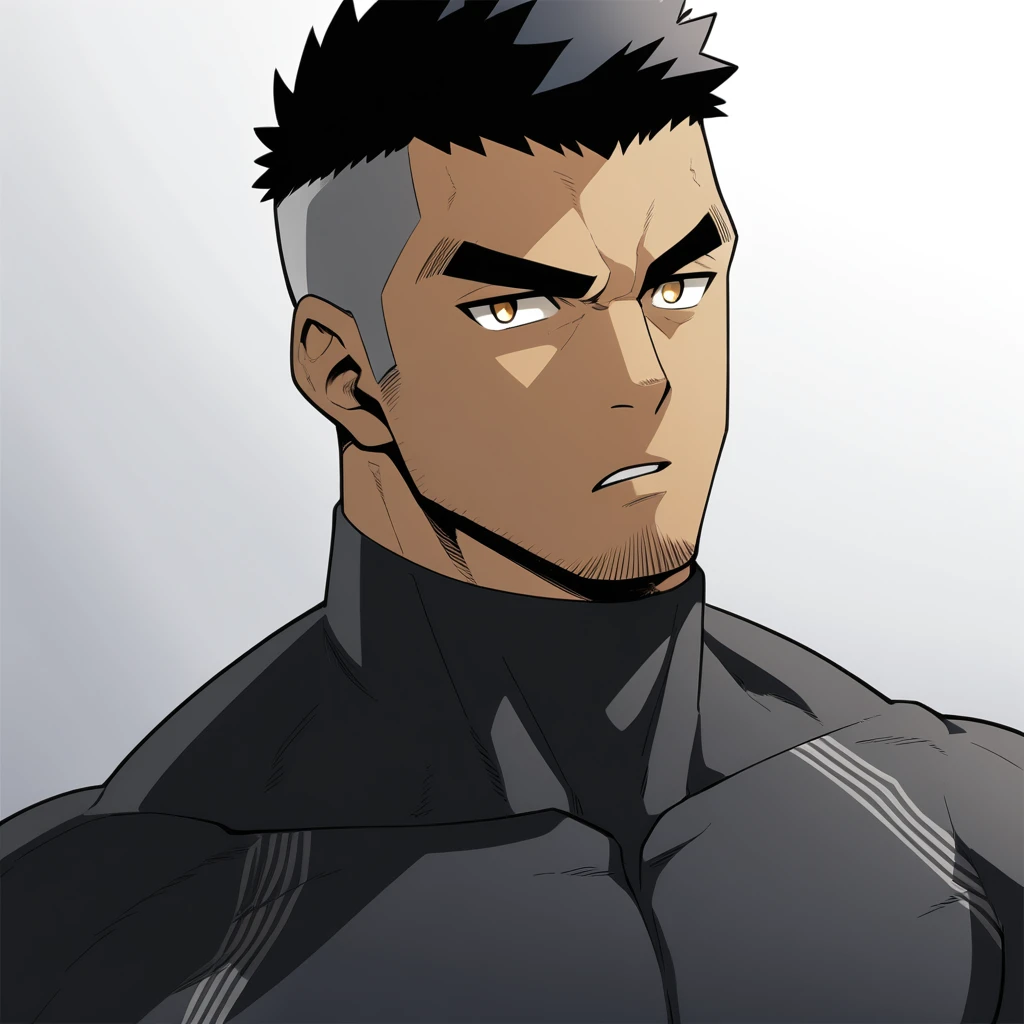 one negro, anime characters:Gyee, Hibino Kafka, One Muscle Sports Student, negro black skin, Very Black, muscular tough guy, Manliness, male focus, Grey long sleeve turtleneck tight t-shirt, Regular symmetrical pattern, Very tight, muscular male, muscular, only, Upper body, alone, Black short hair, Thick eyebrows, stubble, Yellow eyes, White background, simple background, amazing quality, best aesthetics, Ridiculous, bright pupils, crew cut, parted lips, v-shaped eyebrows, jitome, best quality