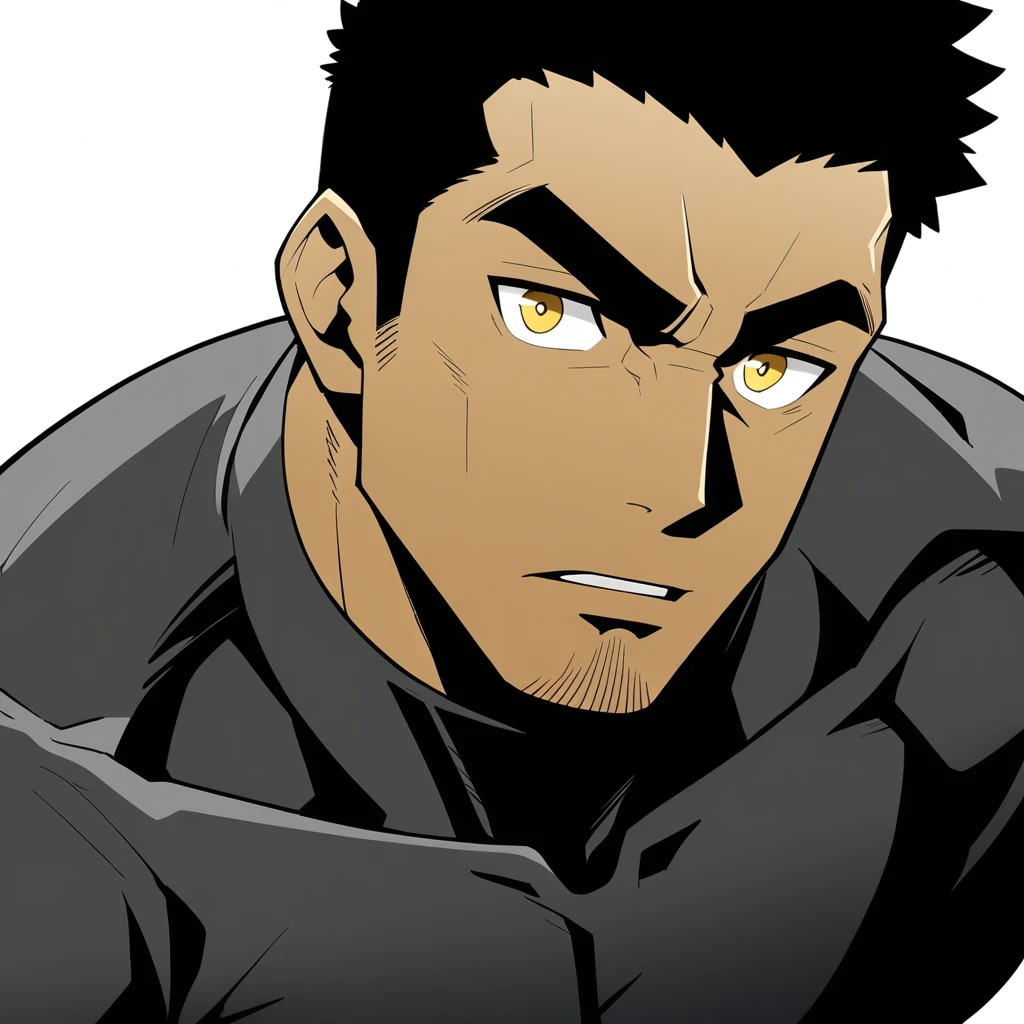 one negro, anime characters:Gyee, Hibino Kafka, One Muscle Sports Student, negro black skin, Very Black, muscular tough guy, Manliness, male focus, Grey long sleeve turtleneck tight t-shirt, Regular symmetrical pattern, Very tight, muscular male, muscular, only, Upper body, alone, Black short hair, Thick eyebrows, stubble, Yellow eyes, White background, simple background, amazing quality, best aesthetics, Ridiculous, bright pupils, crew cut, parted lips, v-shaped eyebrows, jitome, best quality