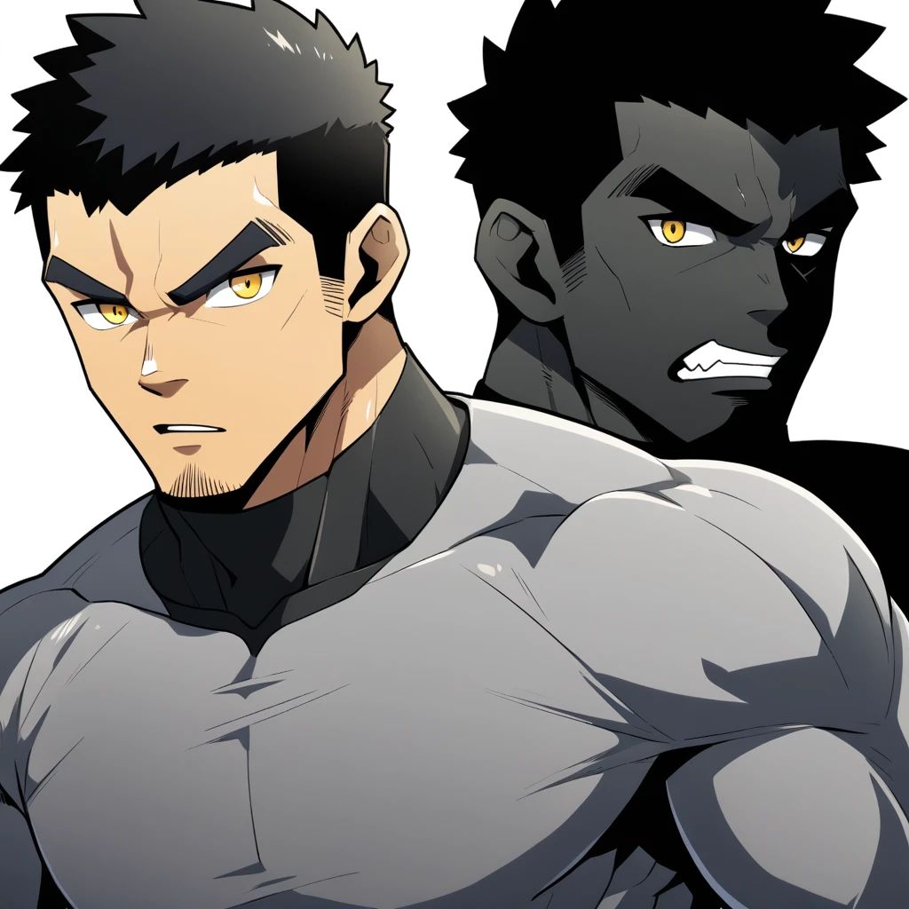 one negro, anime characters:Gyee, Hibino Kafka, One Muscle Sports Student, negro black skin, Very Black, muscular tough guy, Manliness, male focus, Grey long sleeve turtleneck tight t-shirt, Regular symmetrical pattern, Very tight, muscular male, muscular, only, Upper body, alone, Black short hair, Thick eyebrows, stubble, Yellow eyes, White background, simple background, amazing quality, best aesthetics, Ridiculous, bright pupils, crew cut, parted lips, v-shaped eyebrows, jitome, best quality