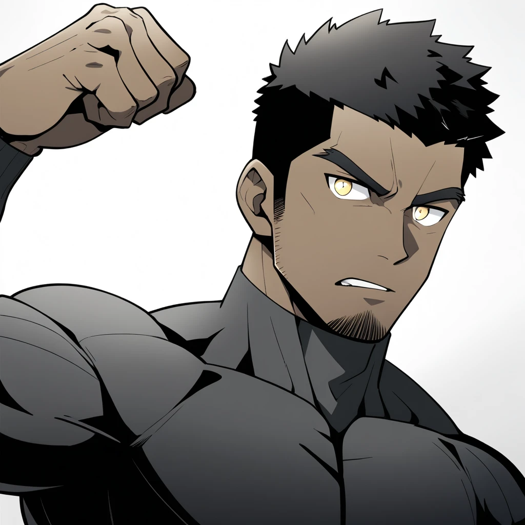 one negro, anime characters:Gyee, Hibino Kafka, One Muscle Sports Student, negro black skin, Very Black, muscular tough guy, Manliness, male focus, Grey long sleeve turtleneck tight t-shirt, Regular symmetrical pattern, Very tight, muscular male, muscular, only, Upper body, alone, Black short hair, Thick eyebrows, stubble, Yellow eyes, White background, simple background, amazing quality, best aesthetics, Ridiculous, bright pupils, crew cut, parted lips, v-shaped eyebrows, jitome, best quality