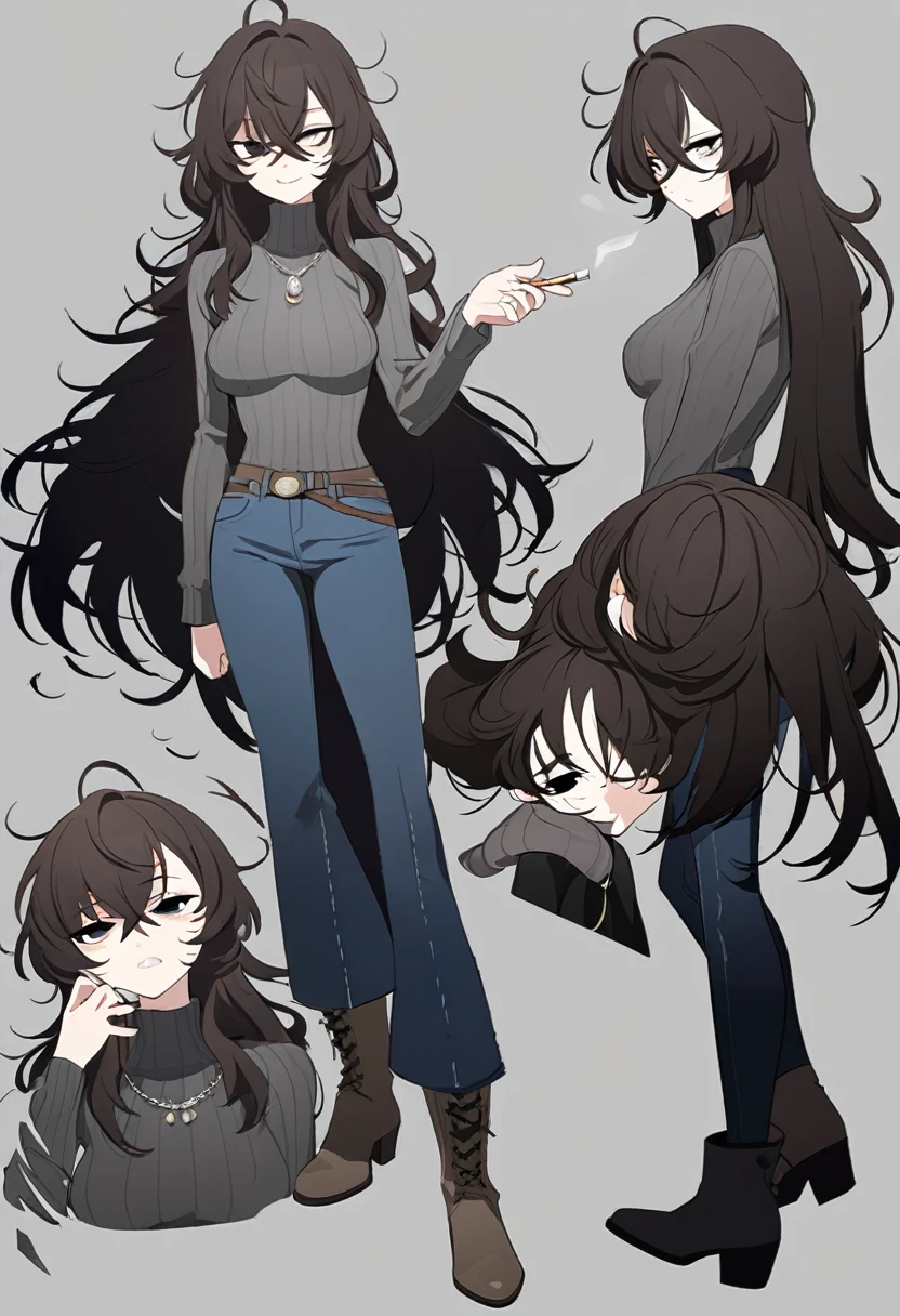 One Woman,Downer,older sister,Concept Art,Dark brown hair,Straight hair with slight inward curls,Staring eyes,Eye Ridge,black eye,Crossed bangs,whole body,smile,Slightly larger breasts,Gray background,Bangs that reach down to the eyes,Messy hair,Tight dark jeans,Gray turtleneck sweater,Multiple views of the same character,Character Design,Dark circles under the eyes,Bad look,Listless,Sloppy,Silver Jewelry,Cafe staff,Holding a cigarette,whole bodyCharacter Design,Detailed hands,Height: 170cm,boots,fleshy,