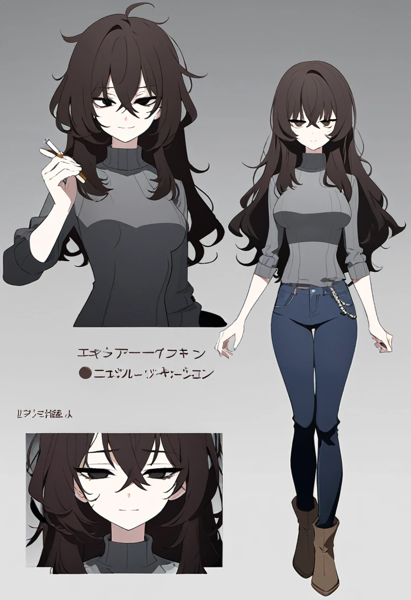 One Woman,Downer,older sister,Concept Art,Dark brown hair,Straight hair with slight inward curls,Staring eyes,Eye Ridge,black eye,Crossed bangs,whole body,smile,Slightly larger breasts,Gray background,Bangs that reach down to the eyes,Messy hair,Tight dark jeans,Gray turtleneck sweater,Multiple views of the same character,Character Design,Dark circles under the eyes,Bad look,Listless,Sloppy,Silver Jewelry,Cafe staff,Holding a cigarette,whole bodyCharacter Design,Detailed hands,Height: 170cm,boots,fleshy,