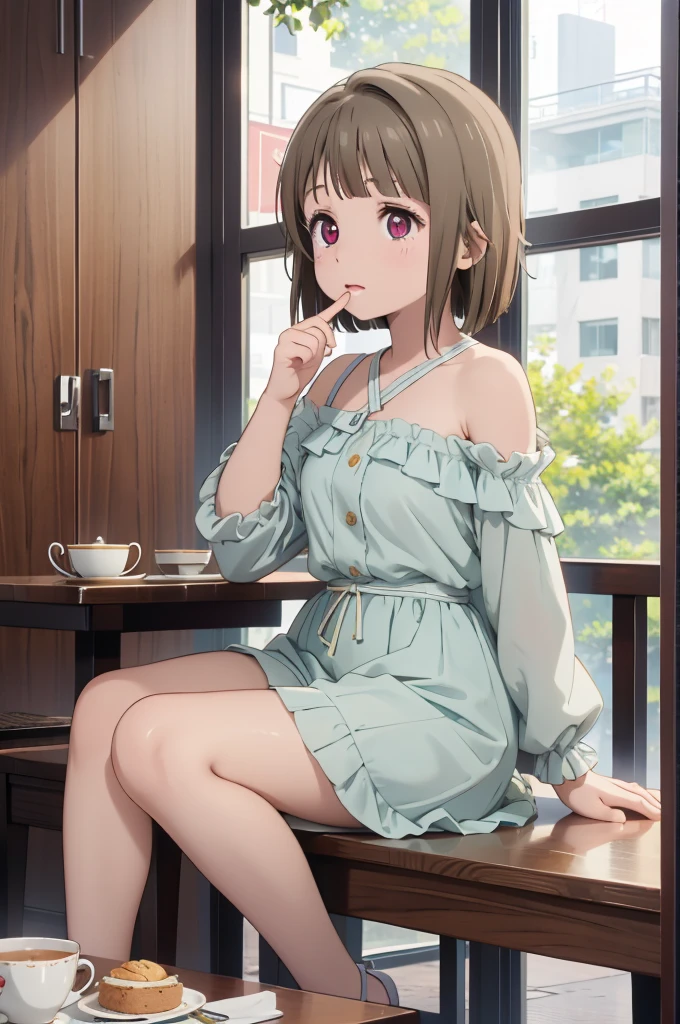 1 girl, Solo, , Lori, , Cute Girl,Best Quality, Ultra-detailed, 8K, High resolution,
kasumi nakasu,
tea time、Off the shoulder