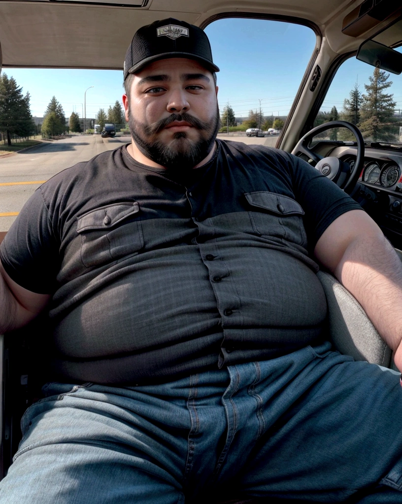 a man with a beard and a shirt is standing in the door of a car, dad bod, beefy, robust stocky body, 3 2 - year - old man, he is about 40 years old, he is about 4 0 years old, thicc, he is about 5 0 years old, he is about 50 years old, old, fat man, nude, massive cock and balls realistic,