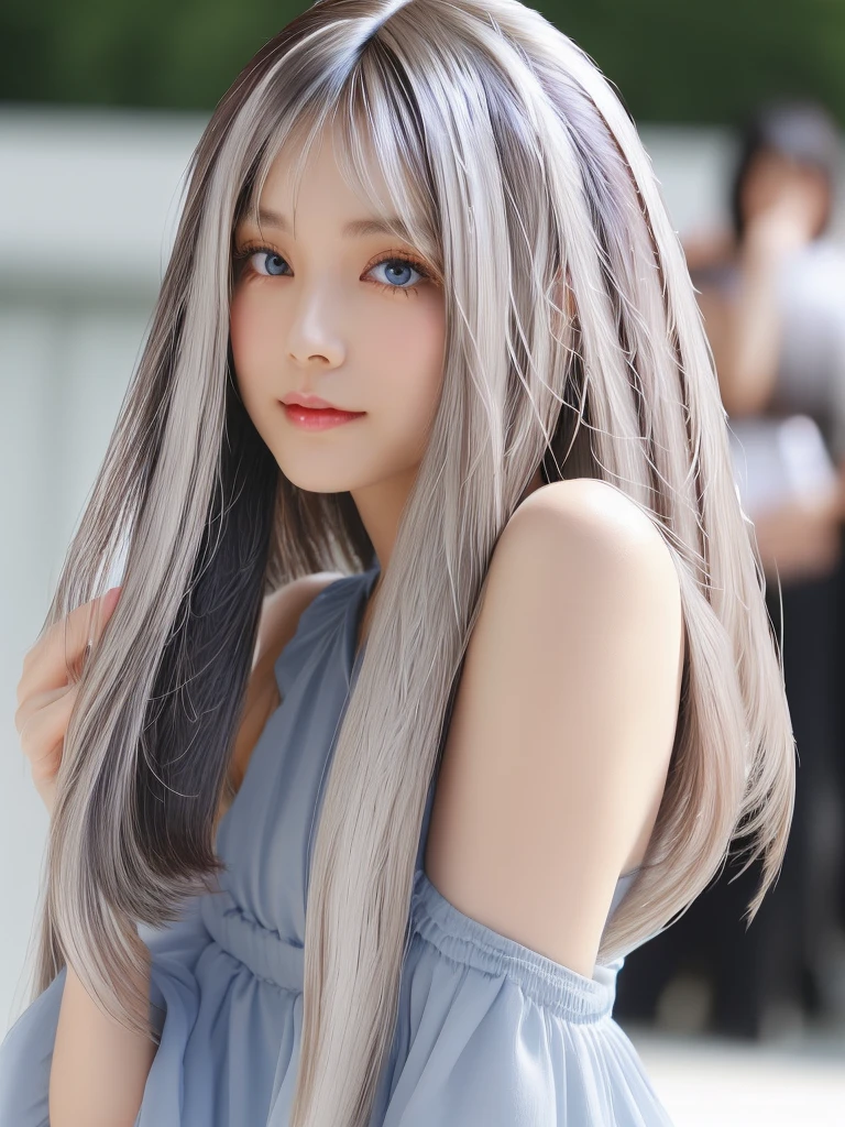 The Shining, clear, White skin、Her windblown silver hair hides her beautiful face..、Huge、Sexy beautiful face of 28 years old、(Eye-catching beautiful straight long hair:1.8)、growing up, light blue eyes shimmering、Sexy long silky bangs that cover the eyes, Sexy young woman with super long hair hiding her sexy face、Staring at the audience、The Shining silver hair、(((Sexy Woman)))