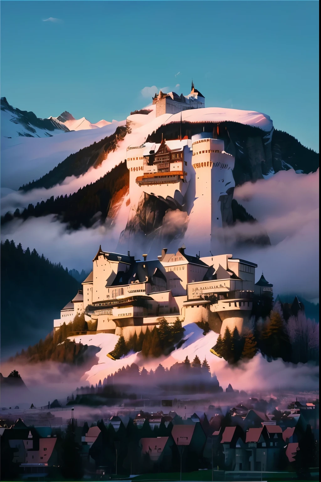 Misty mountains and low clouds,There is a building in the middle, Castle made of clouds, Psychedelic Ski Resort, Castle in the Clouds, Cloud Palace, Feiyun Castle, : Psychedelic Ski Resort, Vaporwave Building, Switzerland建筑, Castle on the hill, The floating palace, Switzerland, integrated in the mountains, 在Switzerland阿尔卑斯山