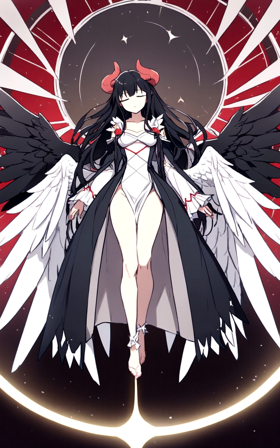 ((top quality)), ((masterpiece)), ((Ultra-detailed)), (illustration),(very delicate and beautiful),(((A fallen angel with four black wings and four white wings.))),long hair,whole body,fallen angel,(((Black hair and white half-toned hair)),female,expressionless,dark expression,Medieval fantasy dress in white and black,
