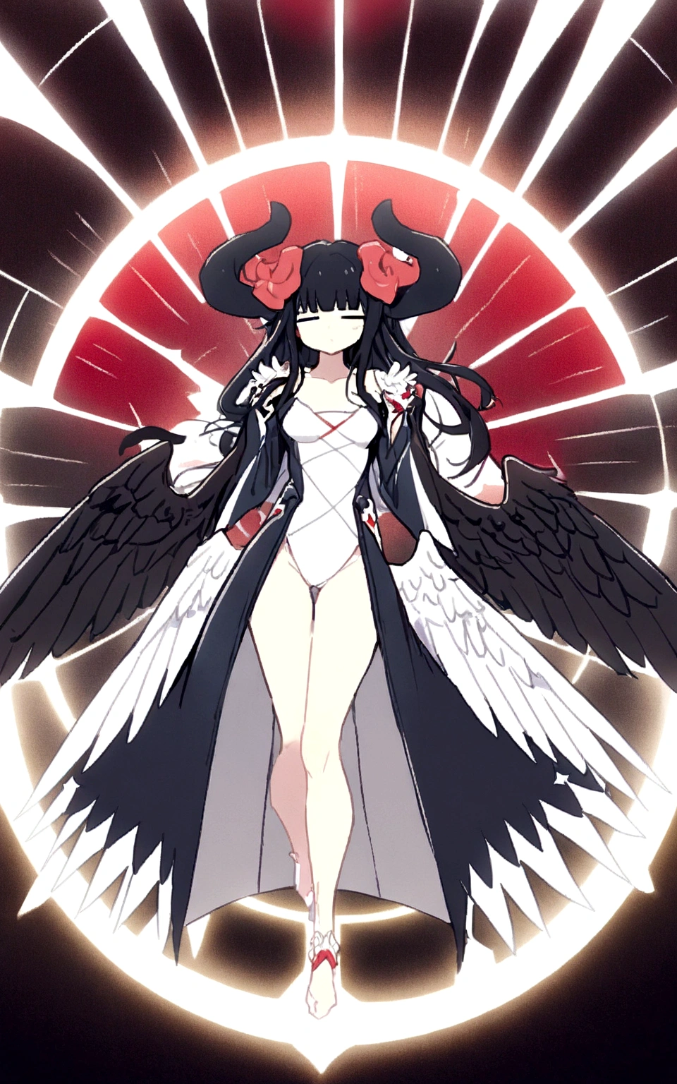 ((top quality)), ((masterpiece)), ((Ultra-detailed)), (illustration),(very delicate and beautiful),(((A fallen angel with four black wings and four white wings.))),long hair,whole body,fallen angel,(((Black hair and white half-toned hair)),female,expressionless,dark expression,Medieval fantasy dress in white and black,