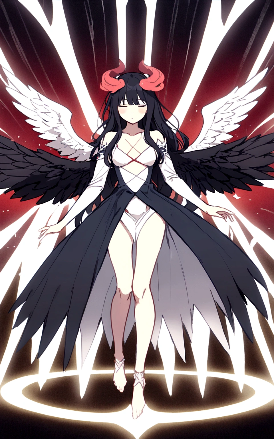 ((top quality)), ((masterpiece)), ((Ultra-detailed)), (illustration),(very delicate and beautiful),(((A fallen angel with four black wings and four white wings.))),long hair,whole body,fallen angel,(((Black hair and white half-toned hair)),female,expressionless,dark expression,Medieval fantasy dress in white and black,