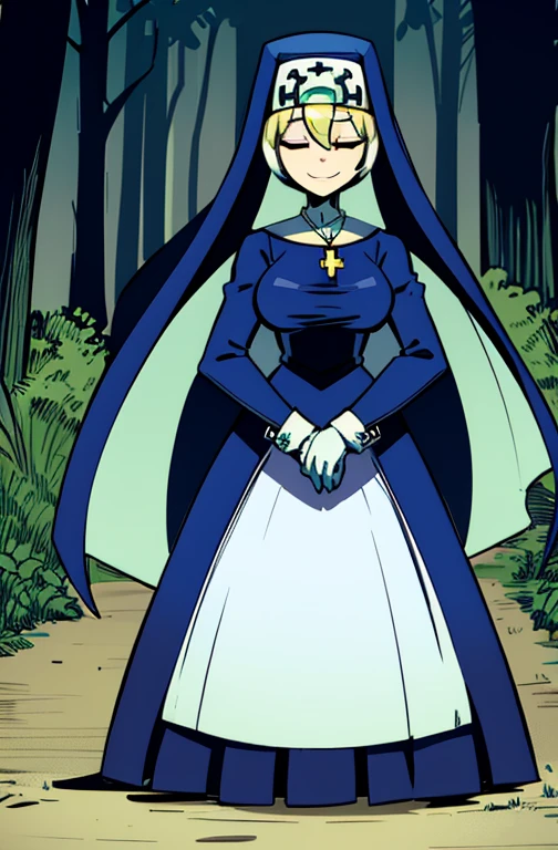 Double, short blonde hair, medium breasts, solo, smiling, cowboy shot, closed eyes, 
 blue habit, cross necklace ,white gloves, long sleeves, nun, long skirts, full body view 
(insanely detailed, beautiful detailed face,beautiful detailed eyes, masterpiece, best quality) forest 
   