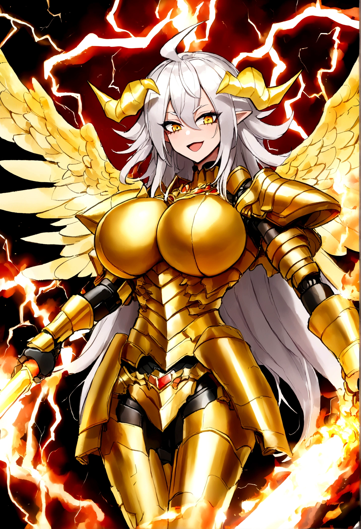 ((Lightning Power)), ((Electricity)), ((Fire Background)), ((Lightning Storm)), ((Power Erupting)),((((android 21 Evil)))), (((white Coat))), (((Busty))), (((((Big breast:1,3)))), luxury bustier corset, (((silver hair))), (((Very slim waist))), propotional body, ((Gorgeous)), (((gold wings))), masterpiece, hyperdetail, ambient effect, digital effect, (((snaggletooth))), (((FIRE SWORD)), (((Lightning Sword))), (((Fire Gold Armor))), (((Lightning Gold Wings))), (((Fire Blazing Horns)))
