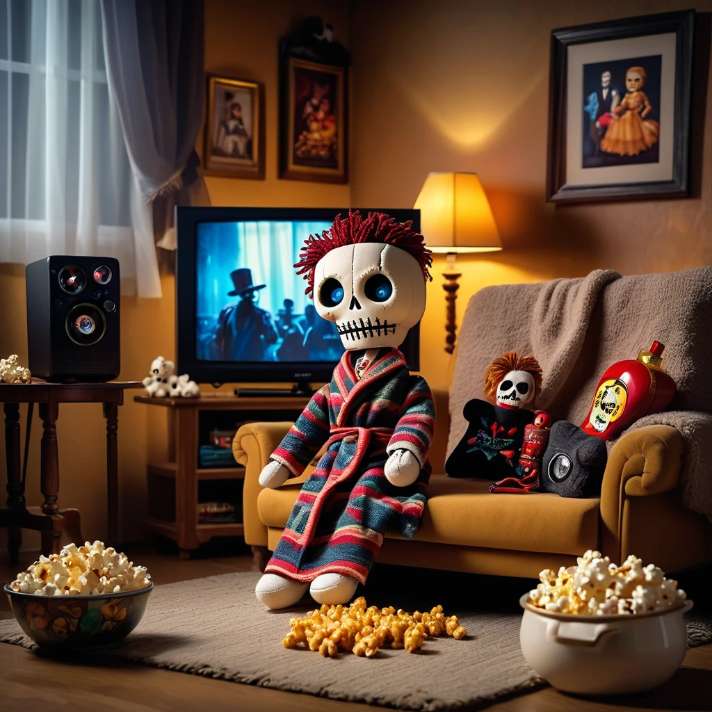 (knitted toy voodoo doll:1.2), Voodoo doll watches TV, Clothes House robe and slippers, in the background Living room with a sofa, TV, around - chips, popcorn and a remote control. On the TV screen you can add some funny or scary image, best quality, masterpiece, soft oil painting, detailed background, dramatic cinematic lighting, soft edge lighting, professional, dramatic lighting, hard edge lighting, ultra quality, 4k, masterpiece, best quality, 8k, super high definition, high de