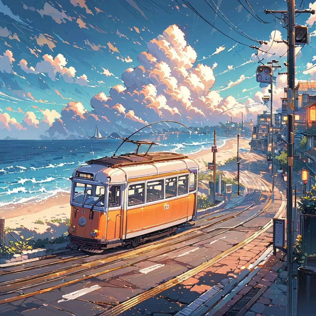 ((anime:1.4,illustration)),(masterpiece, top quality, best quality),(ultra-detailed, absolutely resolution),((16k, high res)), (((tram, seaside, blue sky, cumulonimbus cloud)) ((cozy lofi illustration:1.4)), ((anime:1.4, illustration)),(masterpiece, top quality, best quality),(ultra-detailed, absolutely resolution),((16k, high res)) BREAK {lofi art, style of Laurie Greasley, style of Makoto Shinkai, anime aesthetic}, BREAK { (produces images with information than 40 million pixels with cinematic-like detailed textures shot on a Sony SLR).}