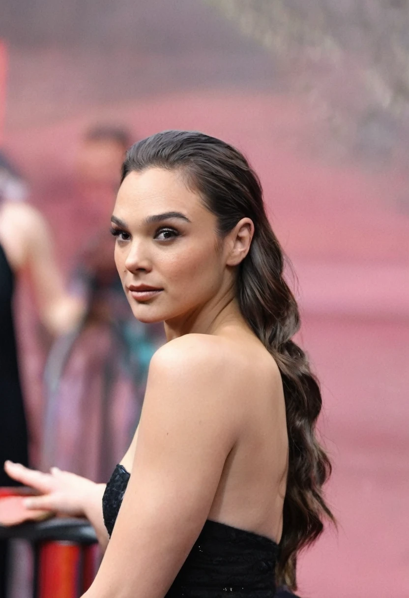 high quality Erotic paparazzi photograph of GalGadot as Hailee Steinfeld (hail33 woman, long brown hair, long brown hair pulled back, hair bun ) , random erotic photograph , she is wearing a sweaty blouse, mini blouse, warm environment , bright sun,seductive, tired woman , fit muscular woman , depth of field, insanely detailed skin texture, hyper detailed features