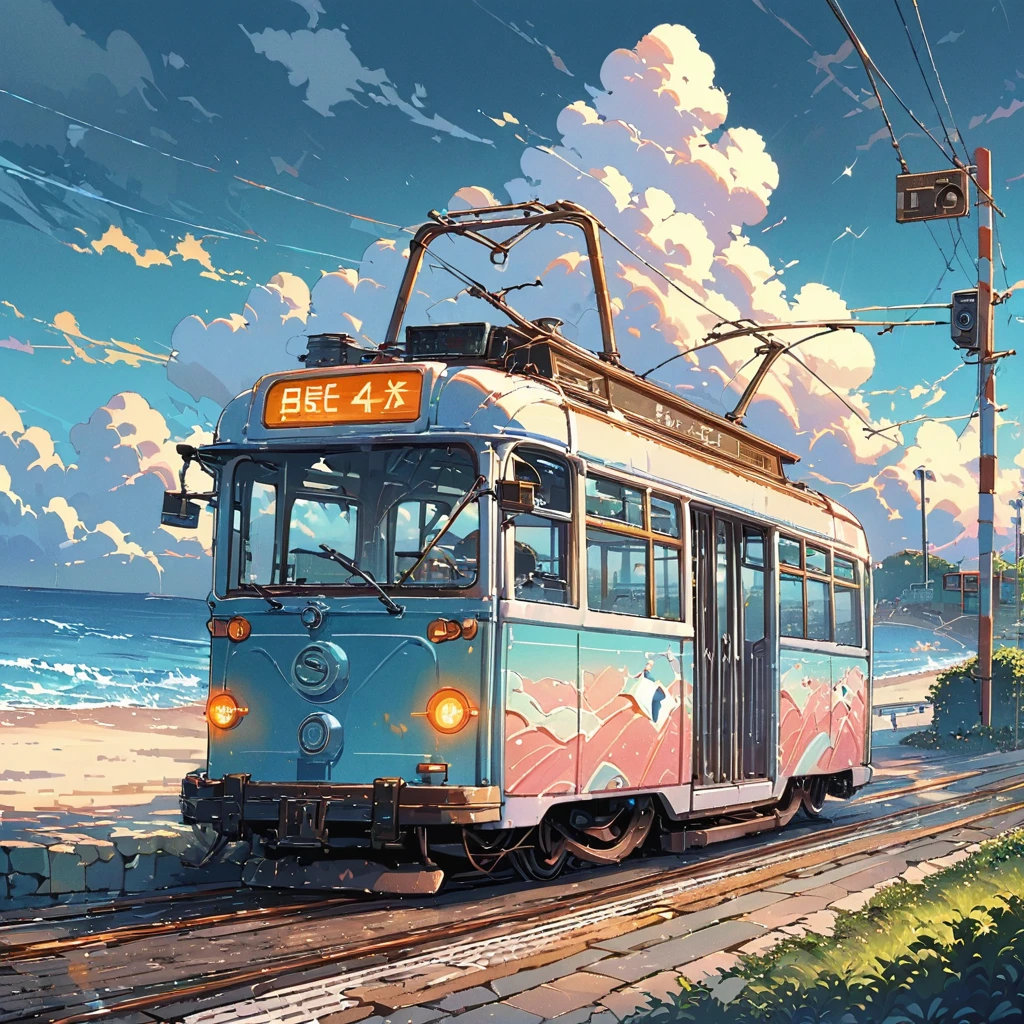 ((anime:1.4,illustration)),(masterpiece, top quality, best quality),(ultra-detailed, absolutely resolution),((16k, high res)), (((tram, seaside, blue sky, cumulonimbus cloud)) ((cozy lofi illustration:1.4)), ((anime:1.4, illustration)),(masterpiece, top quality, best quality),(ultra-detailed, absolutely resolution),((16k, high res)) BREAK {lofi art, style of Laurie Greasley, style of Makoto Shinkai, anime aesthetic}, BREAK { (produces images with information than 40 million pixels with cinematic-like detailed textures shot on a Sony SLR).}