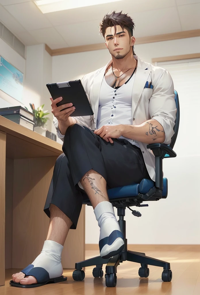 anime character sitting on a chair with a tablet computer, (sfw) safe for work, anime handsome man, handsome anime pose, smooth anime cg art, sitting at his desk, office background, detailed digital anime art, commission for high res, realistic artstyle, digital anime illustration, stylish pose, photorealistic artstyle, male anime character, pixiv 3dcg