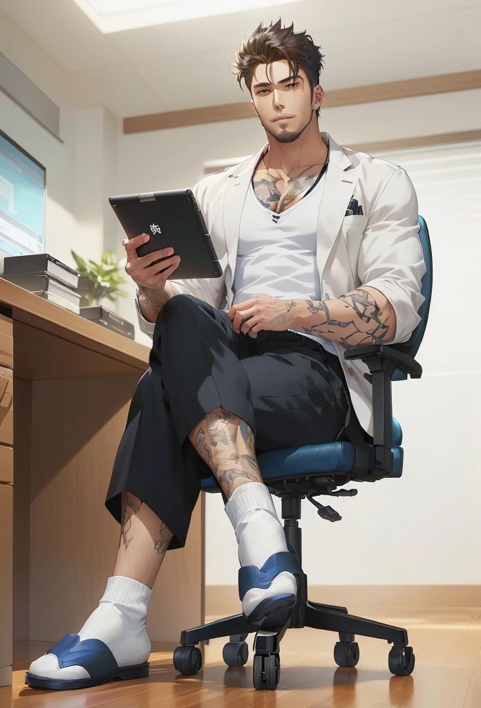 anime character sitting on a chair with a tablet computer, (sfw) safe for work, anime handsome man, handsome anime pose, smooth anime cg art, sitting at his desk, office background, detailed digital anime art, commission for high res, realistic artstyle, digital anime illustration, stylish pose, photorealistic artstyle, male anime character, pixiv 3dcg