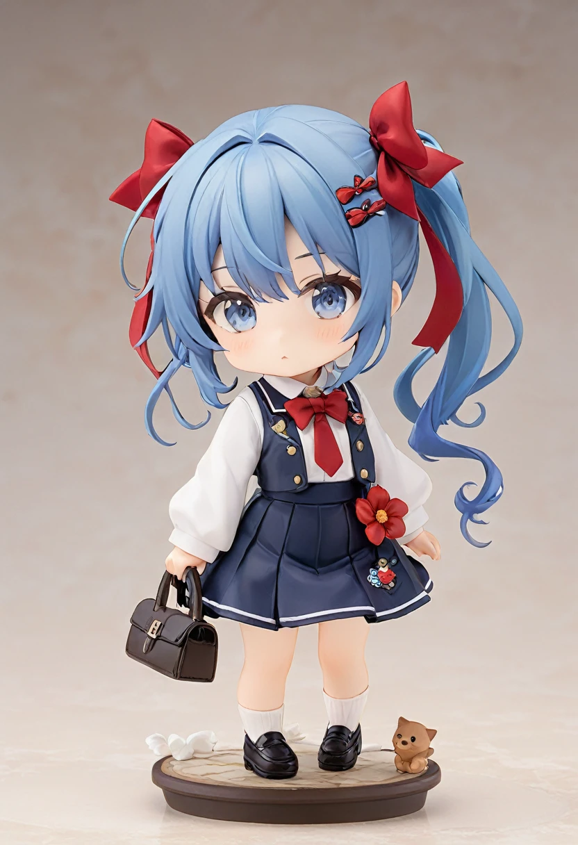 Blue Hair,Double low ponytail,Ponytail with red flower hairpin,Navy blue,skirt,Red bow tie,Q version