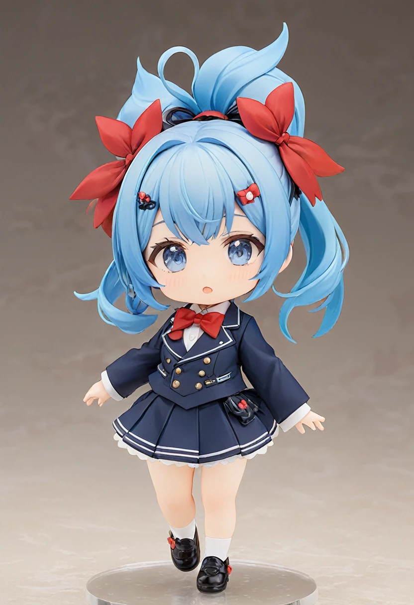 Blue Hair，Double low ponytail，Ponytail with red flower hairpin，Navy blue，skirt，Red bow tie，Q version
