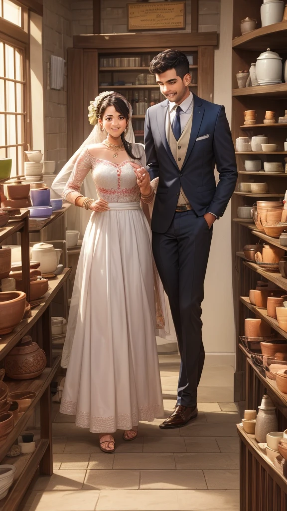 A man says to indian marridge couple in the pottery shop