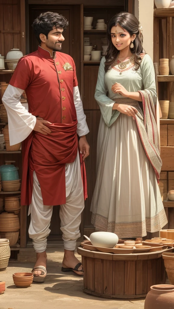 A man says to indian marridge couple in the pottery shop