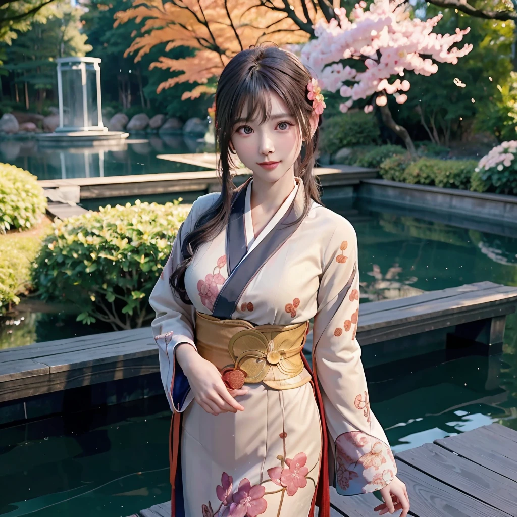 A stunningly beautiful Japanese girl stands gracefully in a tranquil Japanese garden, her long, silky black hair flowing elegantly down to her waist. She is adorned in a luxurious orange kimono, intricately decorated with delicate floral patterns and shimmering gold embroidery that catches the light with every subtle movement. The kimono's vibrant hue contrasts beautifully with the lush greenery and delicate pink cherry blossoms that frame the sceneHer delicate porcelain skin glows with a soft, natural radiance, highlighting her serene and captivating features. Her almond-shaped eyes, deep and expressive, are framed by long, dark lashes and subtly accented by a hint of traditional makeup, reflecting both mystery and serenity. Her lips, a soft shade of pink, are slightly parted in a gentle, knowing smile that exudes grace and elegance.The garden around her is a haven of tranquility and beauty, with meticulously manicured bonsai trees, a gently flowing stream, and a quaint wooden bridge arching over the water. The air is filled with the sweet scent of cherry blossoms in full bloom, their petals drifting softly to the ground like a delicate pink snowfall.The scene is rendered in breathtakingly realistic 4K (or 8K) resolution, capturing every exquisite detail with stunning clarity. The texture of the kimono fabric, the intricate embroidery, and the natural beauty of her serene expression are all depicted with lifelike precision. The soft glow of her flawless skin, the delicate play of light and shadow, and the vibrant colors of the garden create a harmonious and captivating visual experience.In this serene and timeless setting, the beautiful Japanese girl embodies the essence of traditional elegance and cultural heritage, inviting the viewer to lose themselves in the enchanting world of Japanese beauty and artistry."