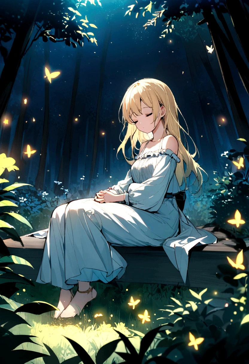 In the dense forest、背の高い暗いwood々A quiet night scene where the trees form a natural canopy。In the foreground、A young woman with long blonde hair is sleeping peacefully on a white mattress、The mattress blends in with the forest floor。She is wearing a loose white off-the-shoulder blouse and black pants.、Sleeping on your side with your hands clasped gently next to your face。The scene is illuminated by the soft and mysterious light of countless fireflies and butterflies floating around her.、It casts a magical light on the environment.。wood々The dark blue sky with scattered stars visible through the canopy of the、It enhances the fantastic atmosphere.。The overall mood is tranquil and dreamy.。