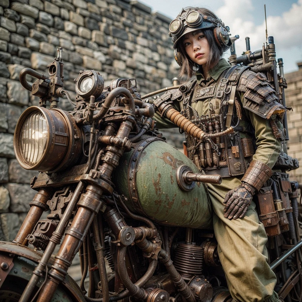 Dystopian night scene, very intricate details, Japanese woman wearing model-like armor, beautiful face, legs, cylinders that look like muscles, pose in motion, 8k, ultra high resolution, super realism, realistic photo, taken with Fuji film X-T30.+Nokton. HDR10