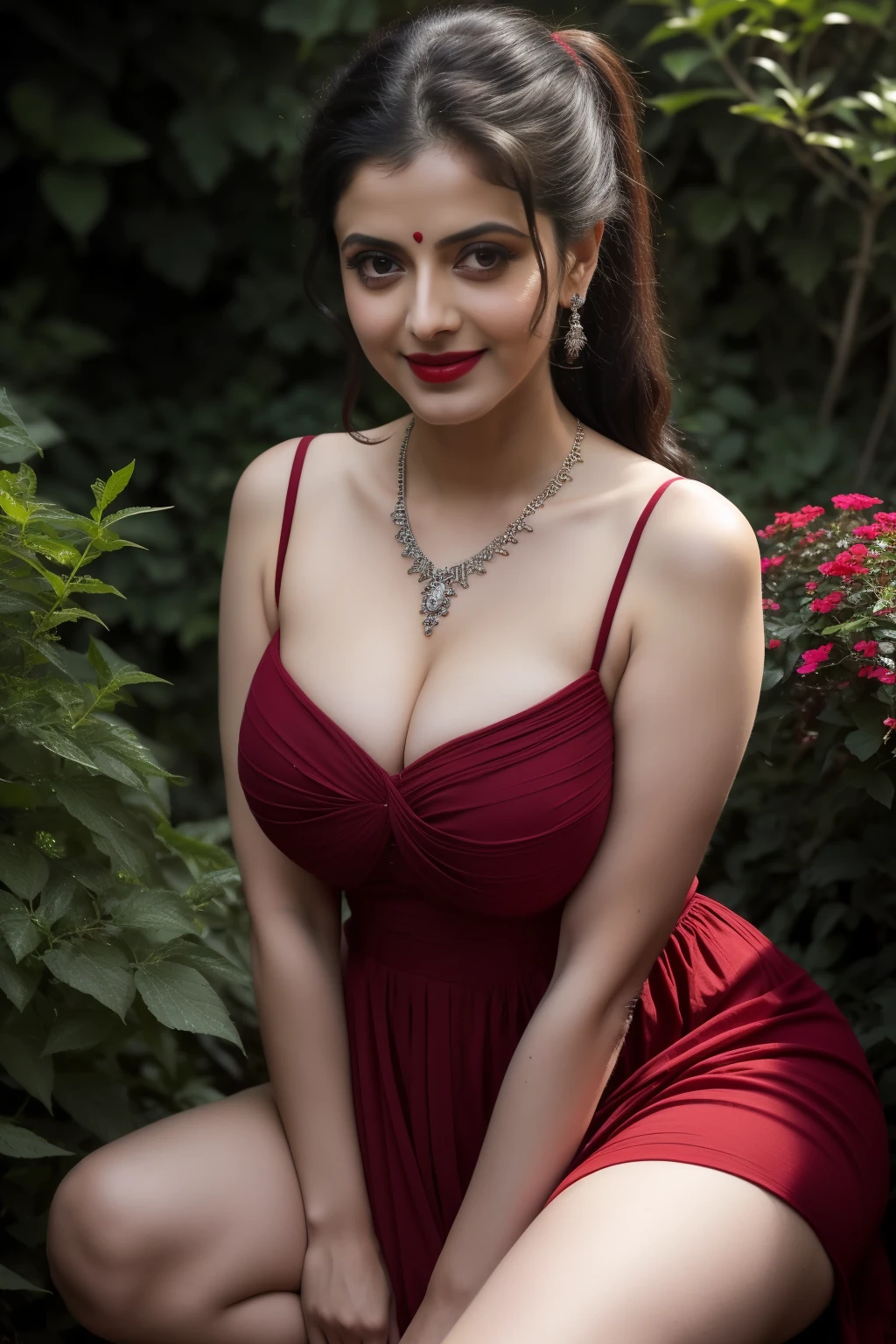 day scene, extreme close up photo of  vedhika from top view, big cheeks, red Hollywood lips, wearing night dress, huge breasts, one nipple visible ,squatting near shrub in a garden, hourglass figure, armpits, (blue eyes:1), ponytail, necklace, 30 yo, look at viewer and smile, (cinematic:1.3), intricate details, (ArtStation:1.2)