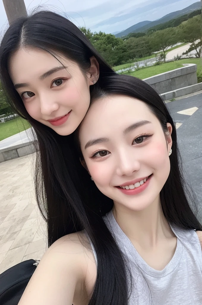 22-year-old girl, with gray eyes, pale white skin, slim figure, smiling, black hair, fashionable, photo taken with an ultra-realistic professional camera, she is in a beautiful place