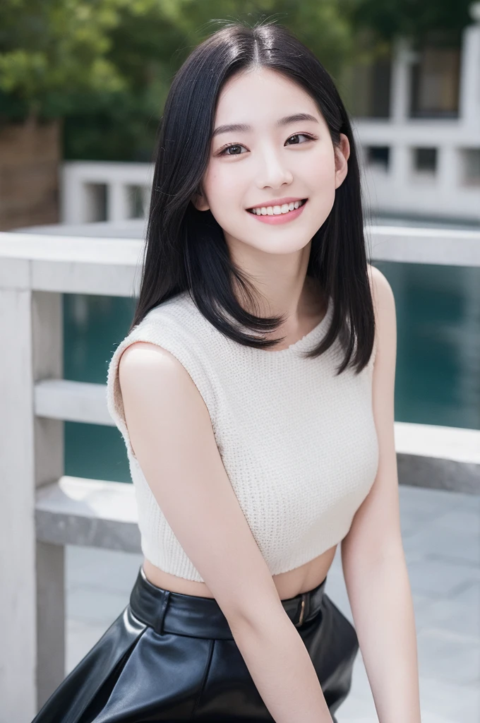 22-year-old girl, with gray eyes, pale white skin, slim figure, smiling, black hair, fashionable, photo taken with an ultra-realistic professional camera, she is in a beautiful place