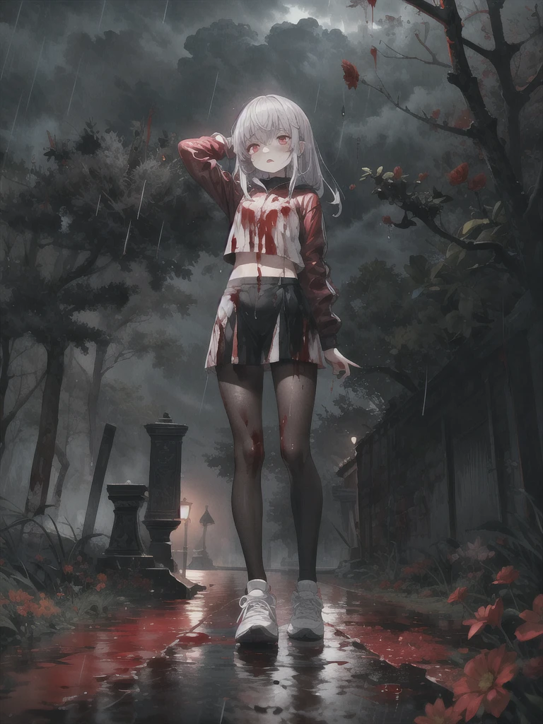 hd quality, ultra_detailed, highres, masterpiece, best quality, ****, perfect face, sharp facial contours, high-definition face, scared, aroused, pale skin, long silver hair, crop top, pink pantyhose, sneakers, (camel toe:0.3), extra small breasts, full body, Hand Behind Head Pose. Blood-soaked clothes, blood on face, blood splattered, bloody mess. Forest, flowers, shadowy trees, scary trees. The overall atmosphere is night eerie and somber, bad weather, dark clouds, heavy rain, crimson raindrops. Night lighting, cool tones, blue hue, (absurdres:1.3), (saturation:0.2), (highlight:0.3), (brightness:0.3) detailed background, 