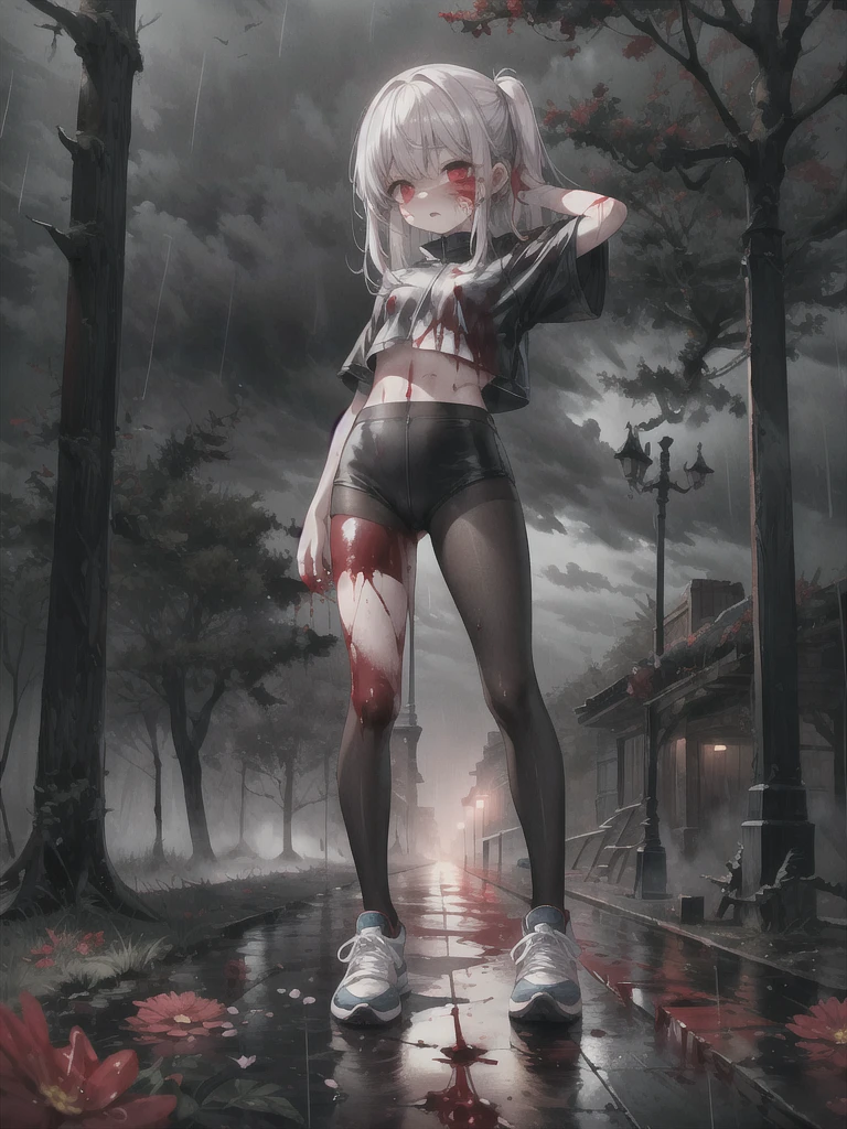 hd quality, ultra_detailed, highres, masterpiece, best quality, ****, perfect face, sharp facial contours, high-definition face, scared, aroused, pale skin, long silver hair, crop top, pink pantyhose, sneakers, (camel toe:0.3), extra small breasts, full body, Hand Behind Head Pose. Blood-soaked clothes, blood on face, blood splattered, bloody mess. Forest, flowers, shadowy trees, scary trees. The overall atmosphere is night eerie and somber, bad weather, dark clouds, heavy rain, crimson raindrops. Night lighting, cool tones, blue hue, (absurdres:1.3), (saturation:0.2), (highlight:0.3), (brightness:0.3) detailed background, 