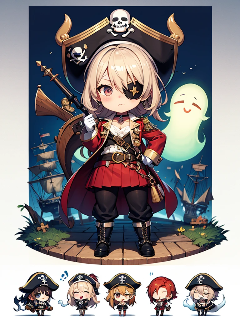 Eye patch、pirate、ghost ship、Captain Hook、(chibi), full body, (masterpiece), highest quality