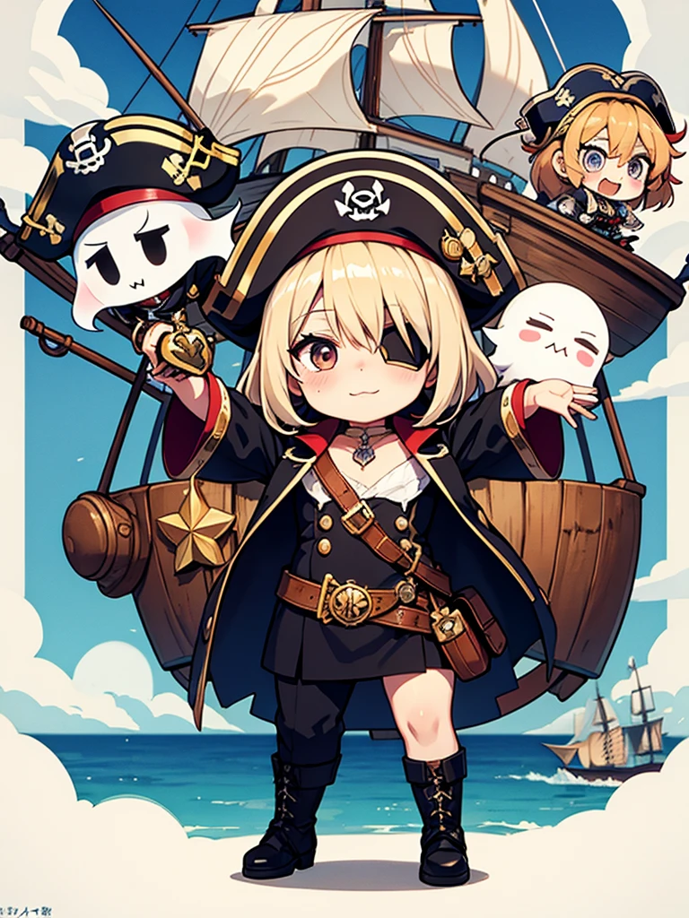 Eye patch、pirate、ghost ship、Captain Hook、(chibi), full body, (masterpiece), highest quality