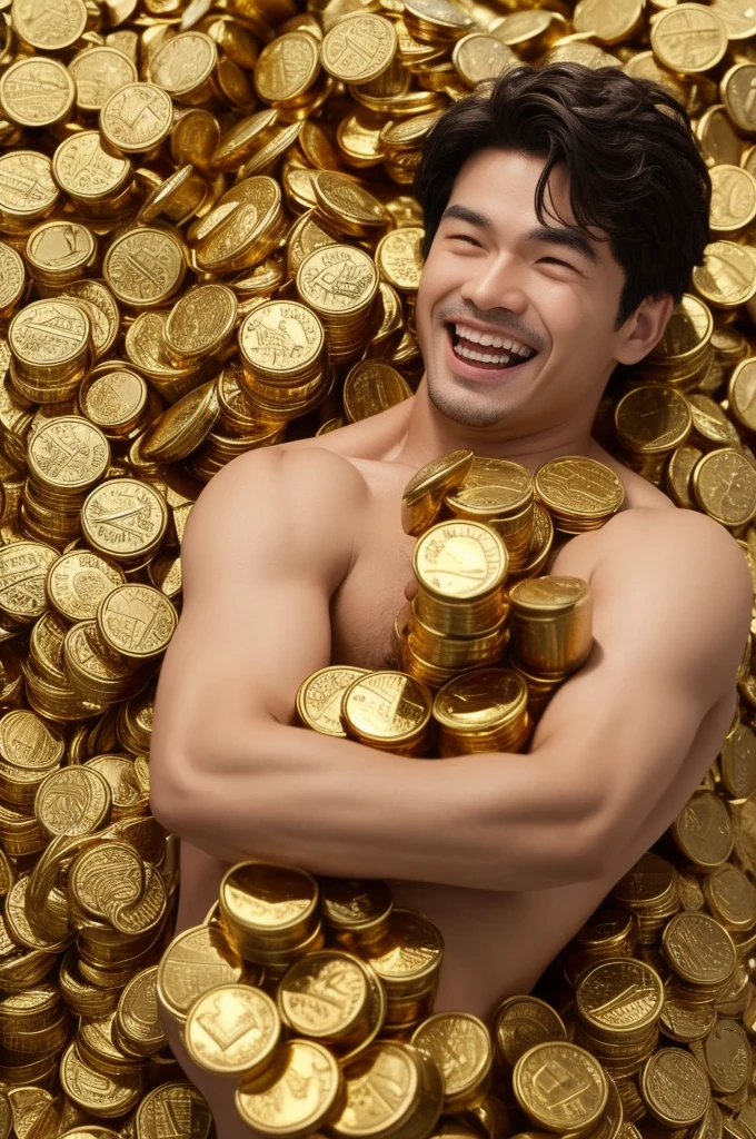 A man is in the ocean of coins, holding a pile of gold bricks in his arms and laughing happily