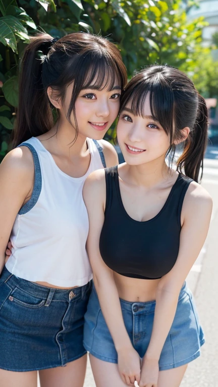 (((Two girls standing side by side, cheek to cheek)))、((Two people touching cheeks)),((Highest quality)), ((masterpiece)), (detailed),((Perfect Face))、((Perfect body))、 ((The two of them bend over and look at me.))、((Both of them looking up))、((big breast:1.2))、8K,Realistic、Realistic、High definition、high resolution、Real、Japanese、Outdoor、blue sky、summer、21 years old、smile、A good friend、Heavy makeup、Sleeveless shirt、Blue flared mini skirt、Black Hair、ponytail、