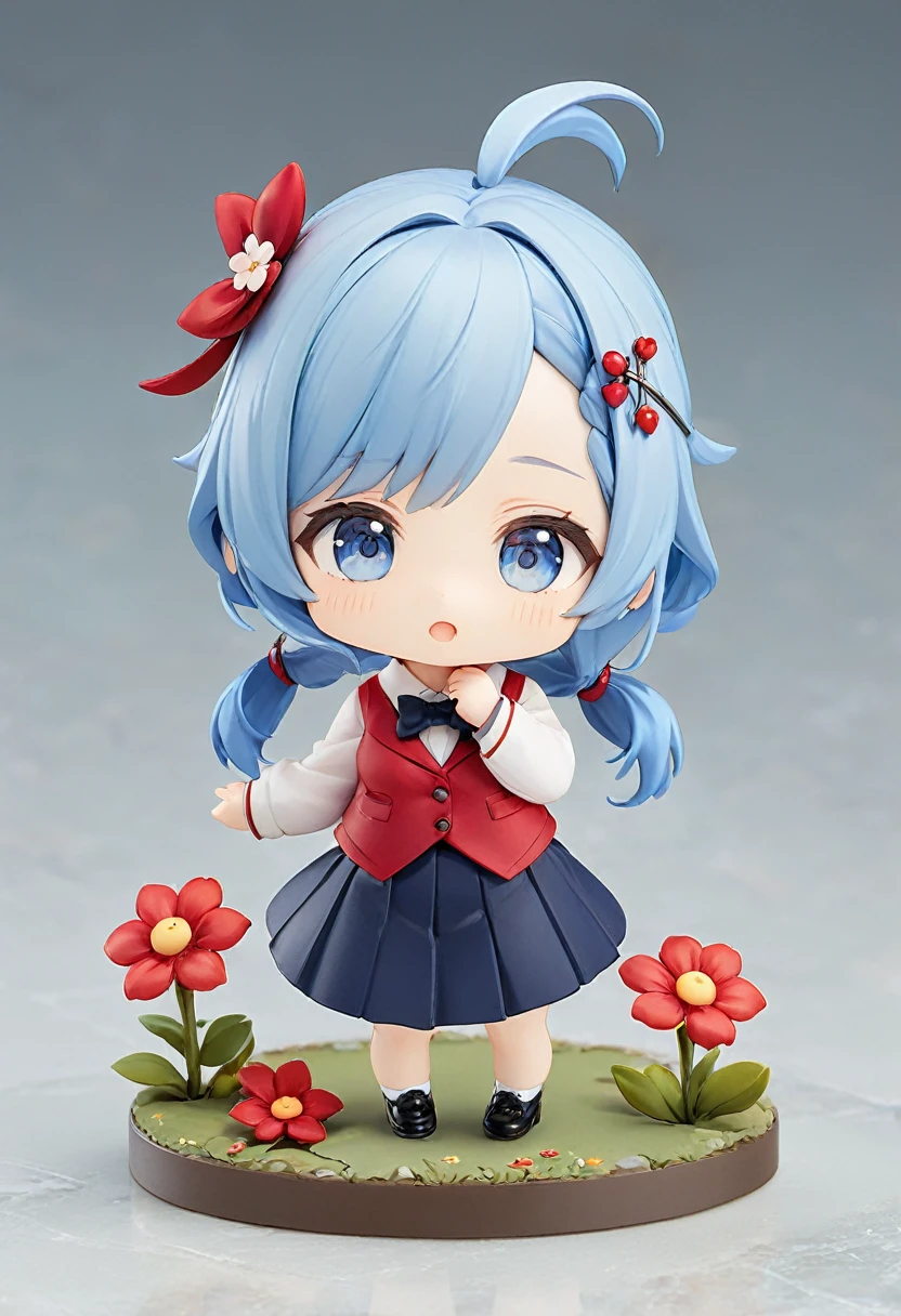 Blue Hair，Double low ponytail，Ponytail with red flower hairpin，Navy blue，skirt，Red bow tie，Q version，Tiny cute