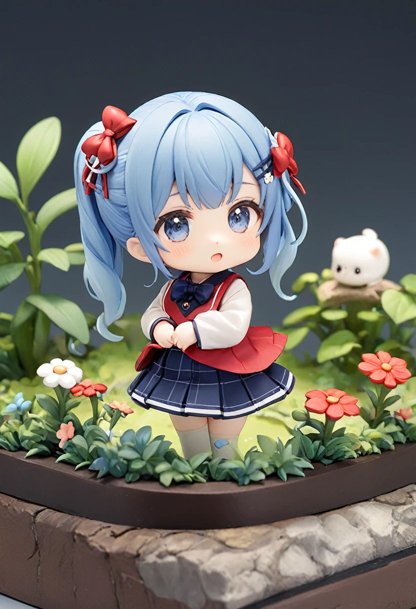 Blue Hair，Double low ponytail，Ponytail with red flower hairpin，Navy blue，skirt，Red bow tie，Q version，Tiny cute