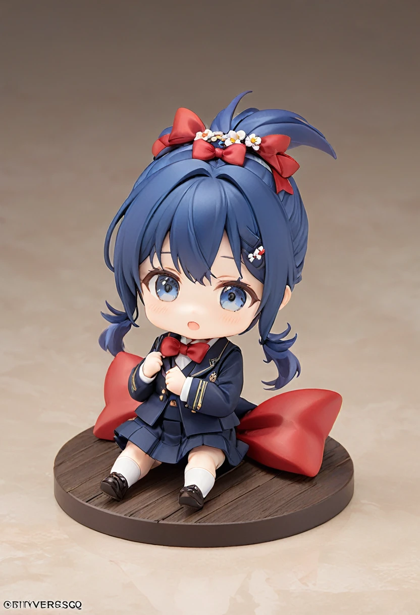 Blue Hair，Double low ponytail，Ponytail with red flower hairpin，Navy blue，skirt，Red bow tie，Q version，Tiny cute