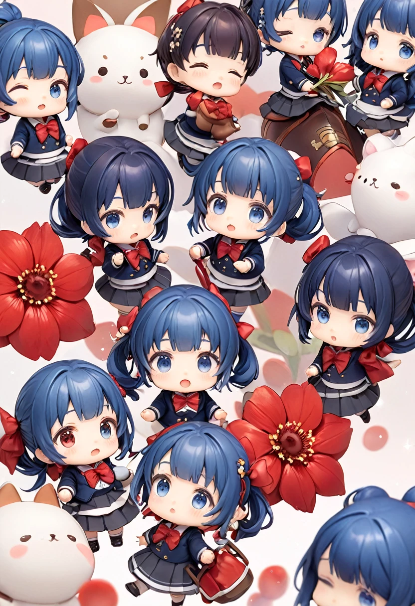 Blue Hair，Double low ponytail，Ponytail with red flower hairpin，Navy blue，skirt，Red bow tie，Q version，Tiny cute