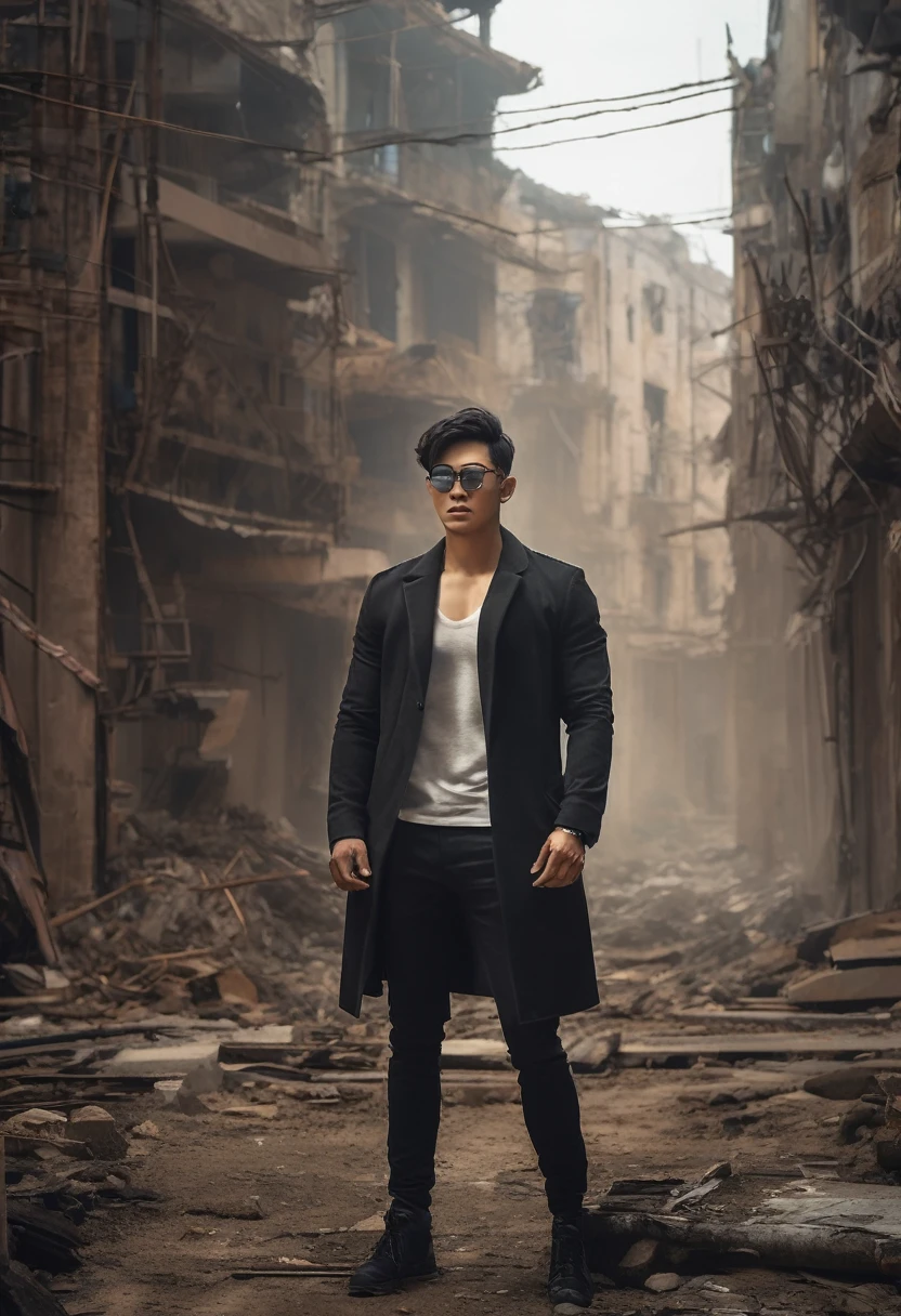 (best quality,4K,ultra-detailed),(realistic:1.37),(high resolution,photorealistic)portrait,asian male model,Attractif,combinaison de combat noire,dark short hair,yeux noirs,lunettes oranges,Desolate post-apocalyptic background,dramatic lighting,style granuleux,Des couleurs vives,paysage urbain en ruine,serious expression,regard intense,cicatrices sur le visage,traits du visage forts,sharp jawline.,Subtle smoke effects,contraste saisissant,Threatening atmosphere,posture confiante,construction musculaire,ville en ruines,Ruined buildings,Dust and debris in the'air, pourriture,arrière-plan semi-flou,texture granuleuse,soupçon de danger et de mystère. Trench