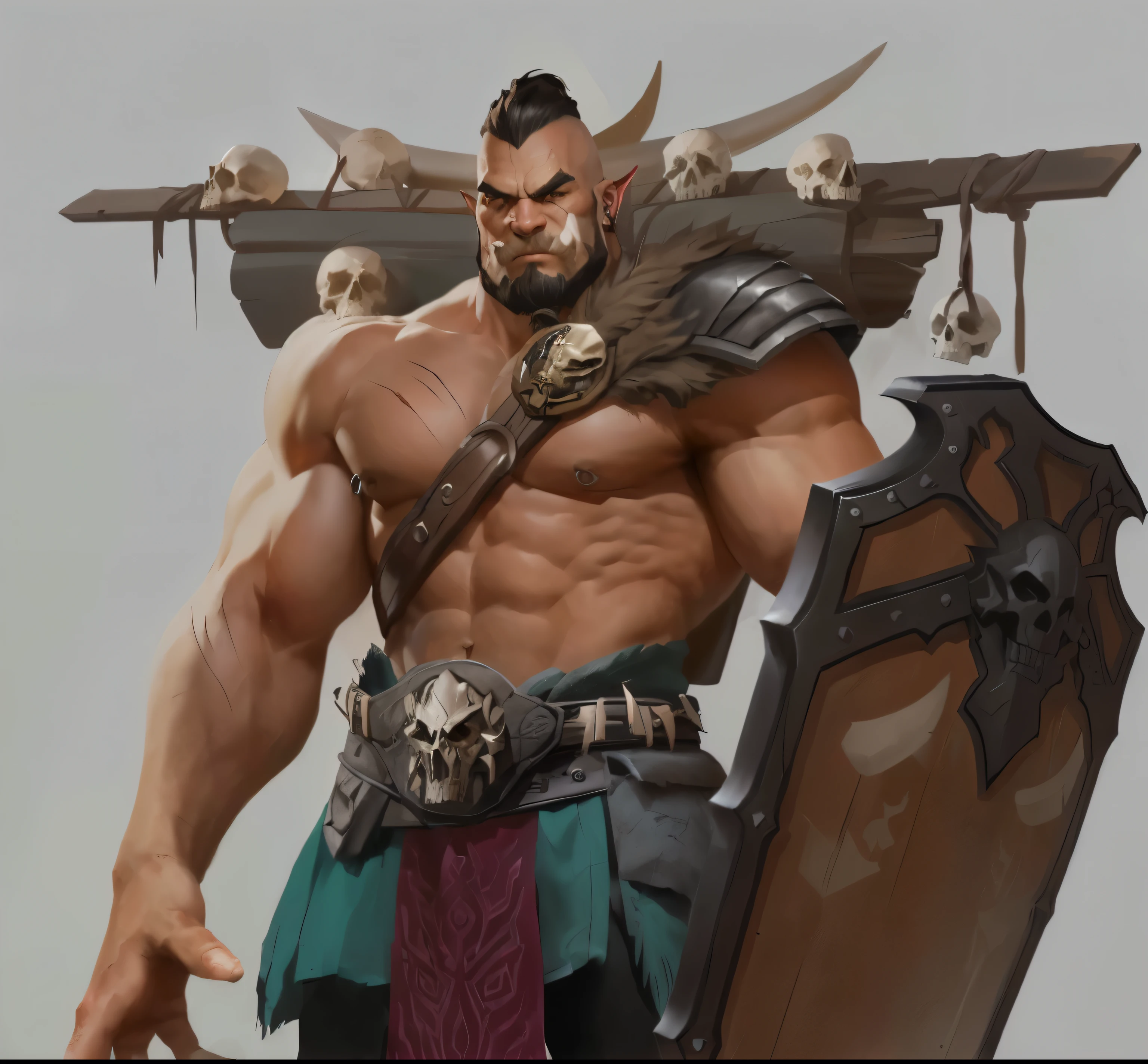 There is a man with a sword and a shield,There are skeletons on it, barbarian class, dnd giant character concept, barbarian, Concept art of the warrior, male barbarian, Grog Stromger, Tyler Edlin Fantasy Art, picture of an adult Male Warrior, feng zhu concept art, Hero fantasy character concept, barbarian warrior, Male Warrior, role playing game (RPG) concept art character