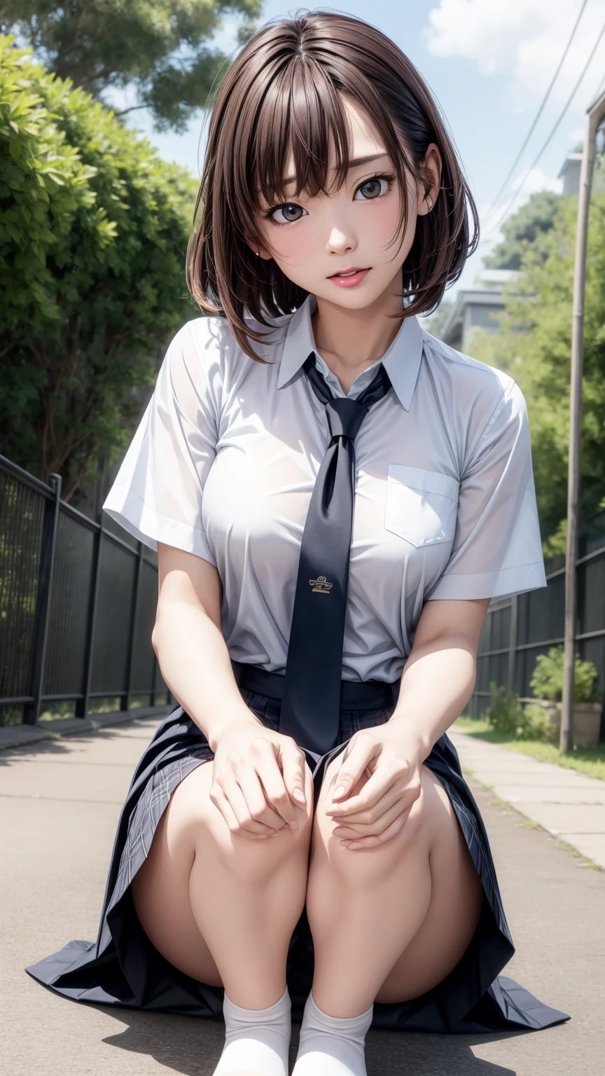 8K quality、High resolution、Realistic skin texture、High resolutionの瞳、A woman with a mature appearance、Japanese summer high school girls uniform、Princess Hair、thin、Realistic Female Genitalia、Small breasts、Realistic tongue、Small breastsの谷間、Brown Hair、thin脚、Sweating profusely、Sweat accumulates in the chest、Evening schoolyard、Bare feet、Full body photography、Wet clothes、Leak a lot