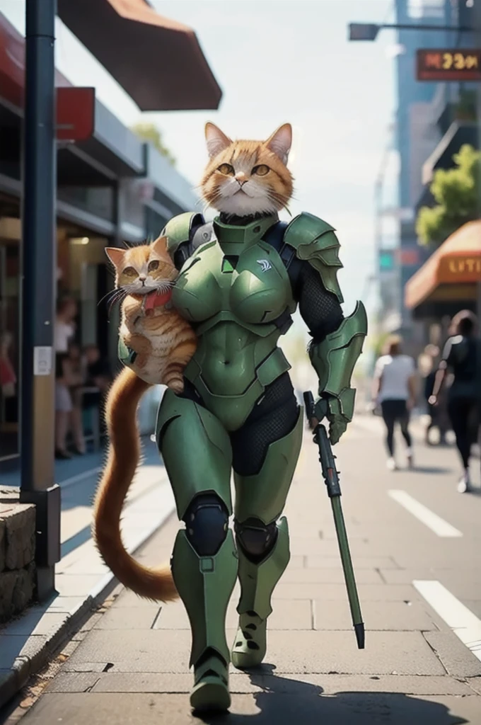 A 21 year old、Strong build、Wearing《Doom》Green Doom Marine armor、Full breasts、Strong female orange cat holding a giant futuristic rifle，Walking on the street