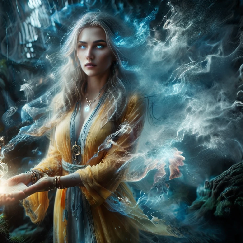 A mystical scene featuring a young sorceress with long, flowing wavy hair that appears almost electrified. She is dressed in a detailed, golden-yellow robe with intricate blue accents and patterns, wearing an ornate necklace and multiple bracelets on her wrist. The sorceress holds a glowing, electric orb in her hands, which emits vibrant blue and white lightning. Her expression is one of awe and wonder as she gazes at the orb. The background is filled with a swirling, otherworldly energy with intricate patterns and bright blue lightning streaks. The overall atmosphere is magical and electrifying, with a focus on the contrast between the warm tones of her clothing and the cool blue lighting of the orb and background, Ultra Realistic photo, 16k, ultra vibrant colors