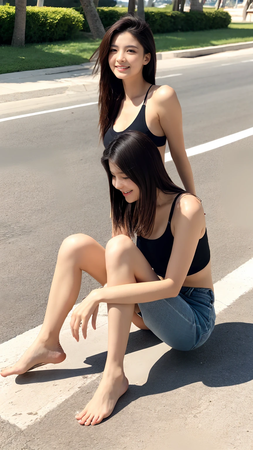 masterpiece,best quality,ultra detailed,highres,high-resolution,4k,realistic,RAW photo,((real person)),portrait photography,photorealistic,detailed skin,(delicate black eyes ), A soothing woman with sagging eyes,Calm and calm, middle hair,skinny,clothing,The wind is blowing,tareme、(gigantic breasts),cotton tank top、Denim cut-off bottoms、Bikini Bottoms、Shorts、I can see your crotch、Resorts in Dubai、Promenade by the sea、Healthy beautiful woman、Japanese、8 heads、Long legs、Sitting on the road、smile、View the photographer,I can see my belly button、((sitting with knees up)),Open your knees、Put your hands behind your back