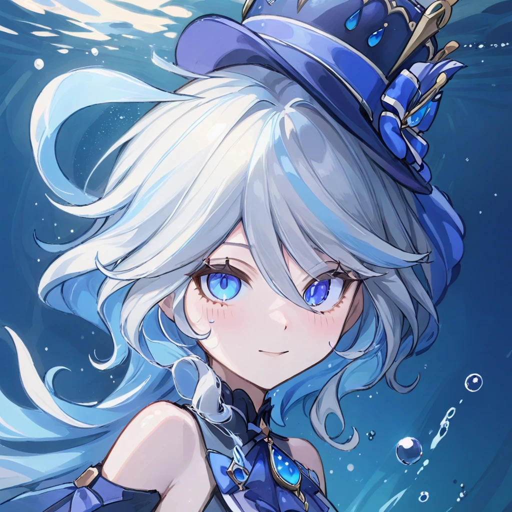 furina,One girl, blue eyes, alone, Have, Long Hair, View your viewers, smile, Blue Hair, In the water, bangs, bubble, Hair between the eyes, Gray Hair, Upper Body, Mouth open, Crown, Multicolored Hair, air bubble, light, ribbon, Virtual YouTuber, gem(Highest quality), ((masterpiece)), (High resolution), (Very delicate and beautiful),whole body