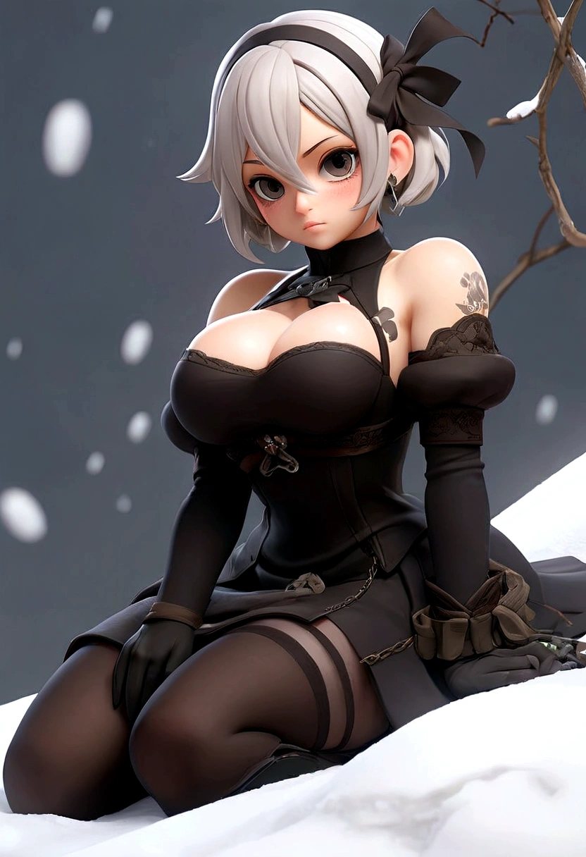 Nier automata big breasted hanging breasts in stockings sitting on knees winter snow frost clouds